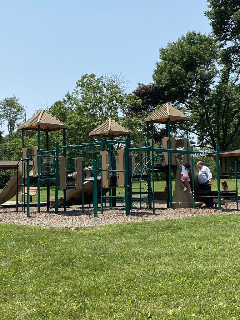 A green and tan playground with shade roofs on a sunny day, surrounded by grass and trees