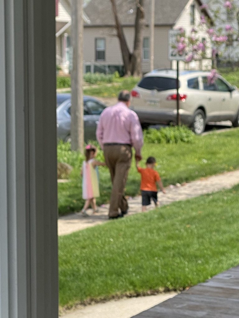 A grandfather holding hands with two small children, seen from behind, walking along a sidewalk past blooming spring trees
