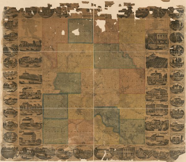 The 1869 map of Linn County, Iowa, with small drawings of old homes, mills and businesses around the border