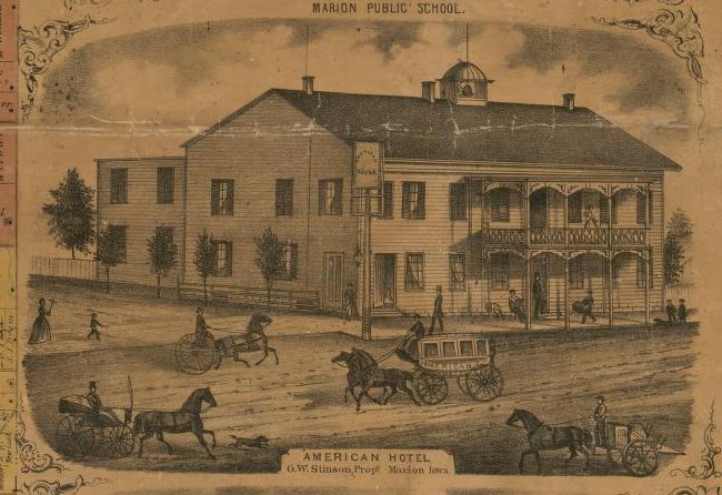 An engraving of a hotel with a long porch, a stagecoach and horses in front