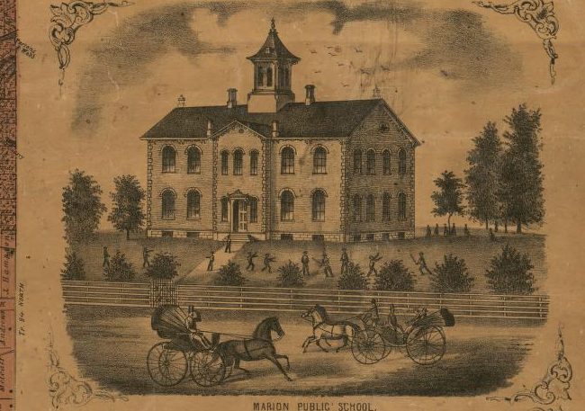 An engraving of a two-story brick school with a bell tower, horses and carriages in front