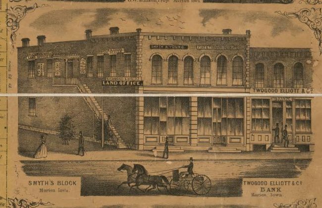 An engraving of a row of brick business buildings in Marion with a buggy in front